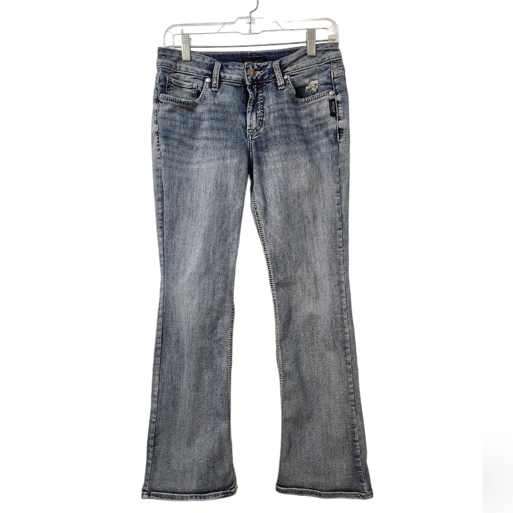 Women's Silver Jeans Boot Cut Jewel Stud Pockets Gritty Acid Wash